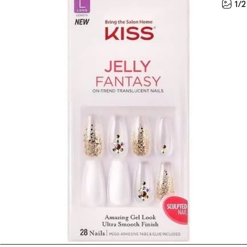 Kiss Jelly Fantasy Translucent White Press-On Nails with Gold Glitter